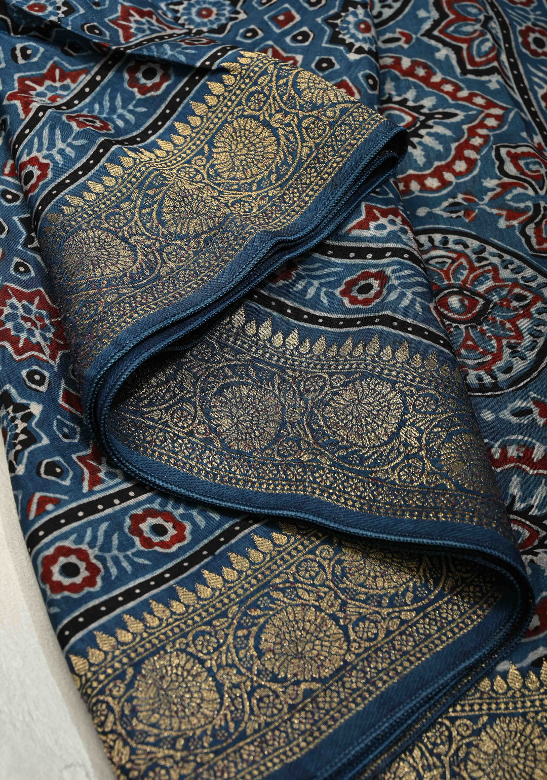 Blue Ajrakh Hand Block Print on Dola Silk Saree with Fancy Zari Border