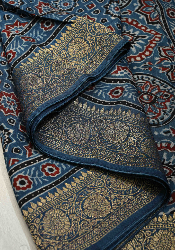 Blue Ajrakh Hand Block Print on Dola Silk Saree with Fancy Zari Border