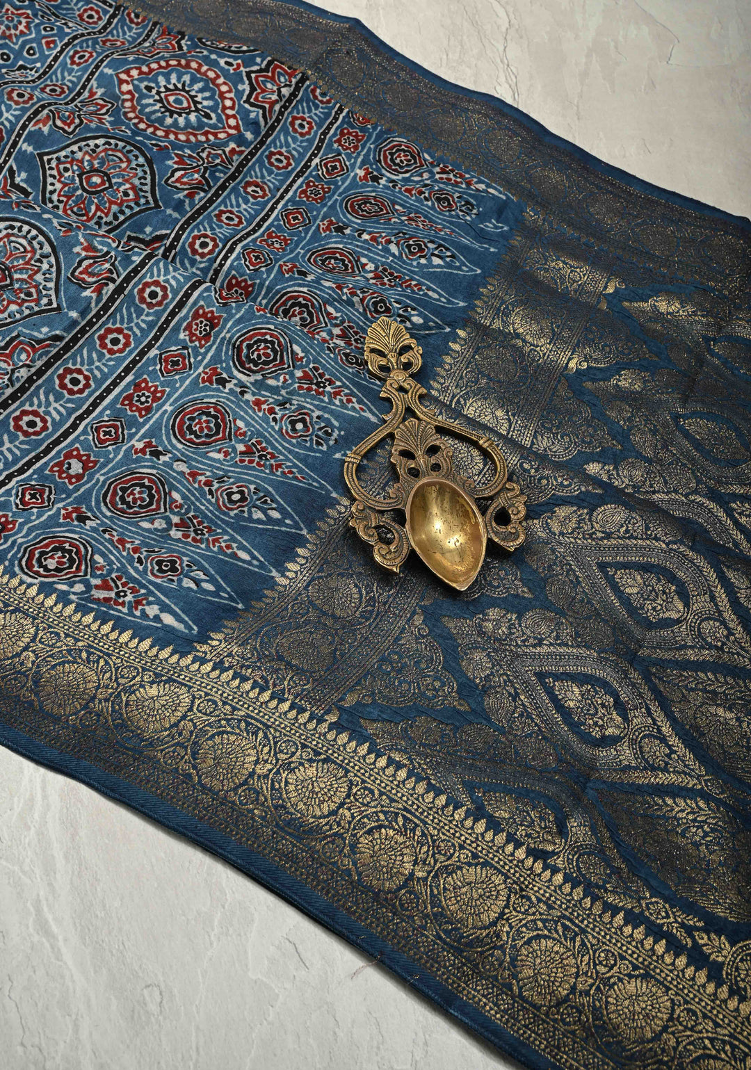 Blue Ajrakh Hand Block Print on Dola Silk Saree with Fancy Zari Border