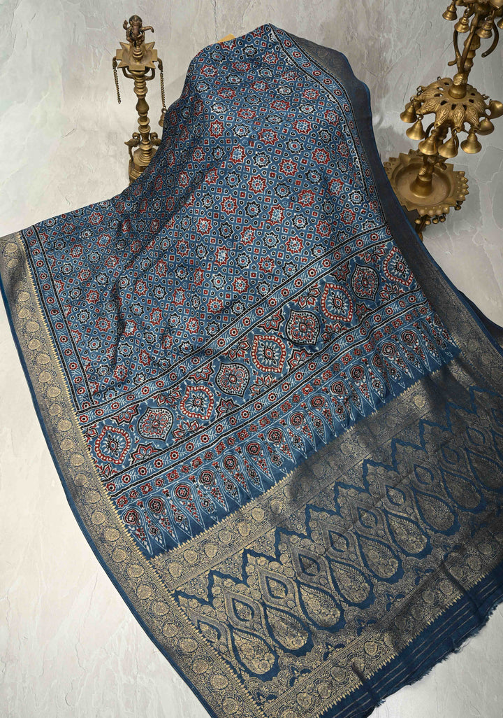 Blue Ajrakh Hand Block Print on Dola Silk Saree with Fancy Zari Border