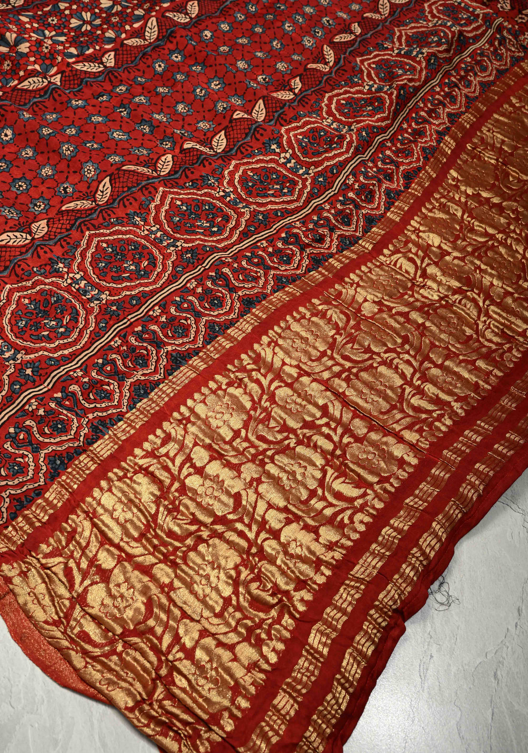 Black Modal Silk Saree with Ajrakh Hand Block Print on Wide Border and Crushed Pallu