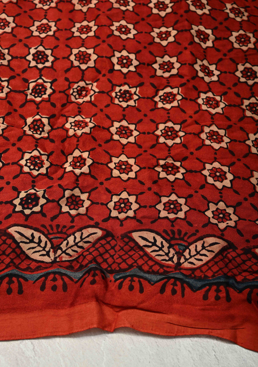 Black Modal Silk Saree with Ajrakh Hand Block Print on Wide Border and Crushed Pallu