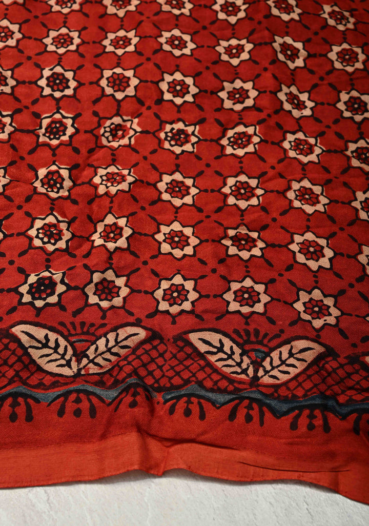 Black Modal Silk Saree with Ajrakh Hand Block Print on Wide Border and Crushed Pallu