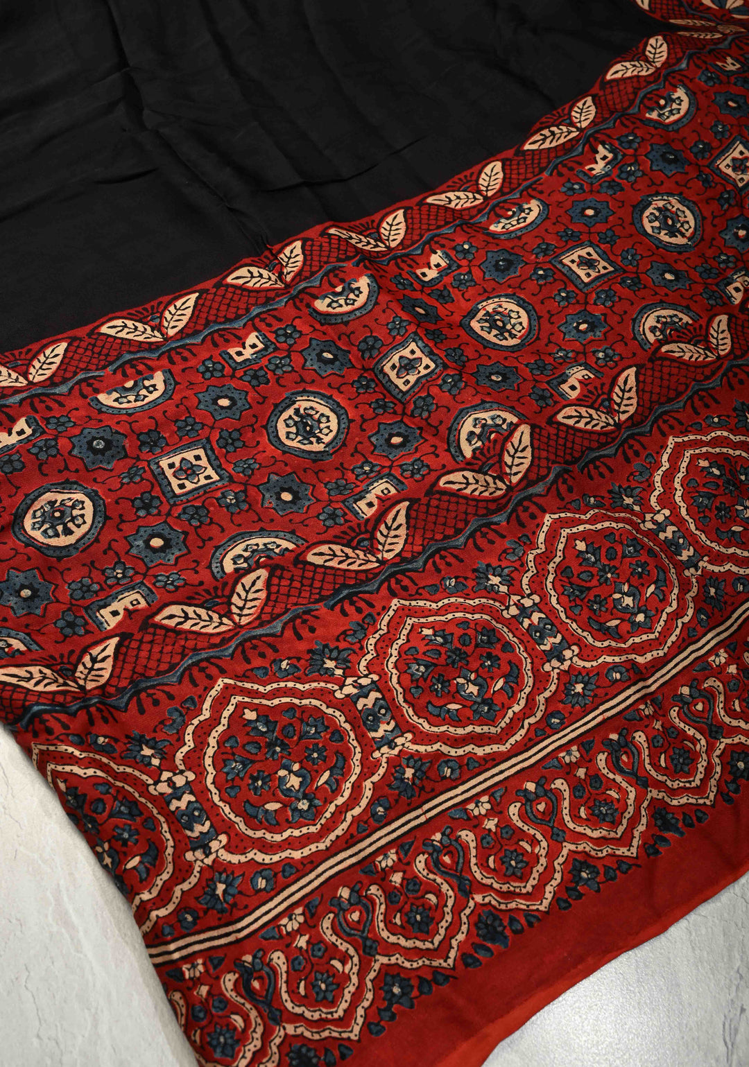 Black Modal Silk Saree with Ajrakh Hand Block Print on Wide Border and Crushed Pallu