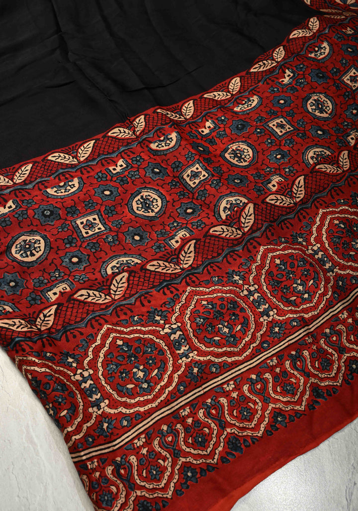Black Modal Silk Saree with Ajrakh Hand Block Print on Wide Border and Crushed Pallu