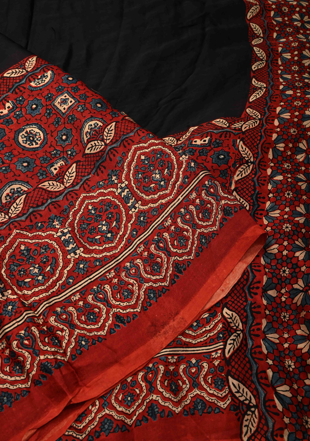 Black Modal Silk Saree with Ajrakh Hand Block Print on Wide Border and Crushed Pallu