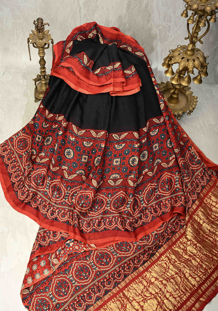 Black Modal Silk Saree with Ajrakh Hand Block Print on Wide Border and Crushed Pallu