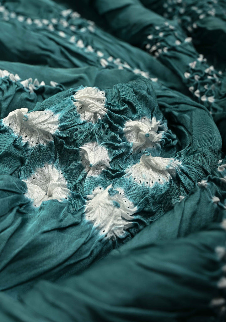 Dusty Teal Borderless Modal Silk Saree with Bandhani Design | SHOBITAM