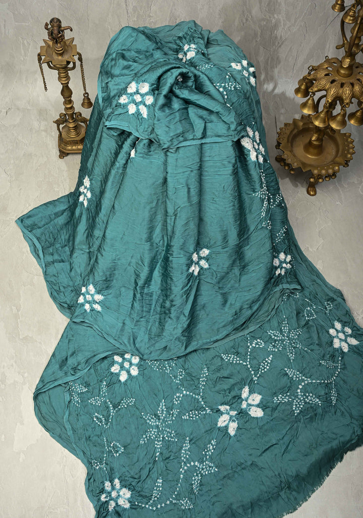 Dusty Teal Borderless Modal Silk Saree with Bandhani Design | SHOBITAM