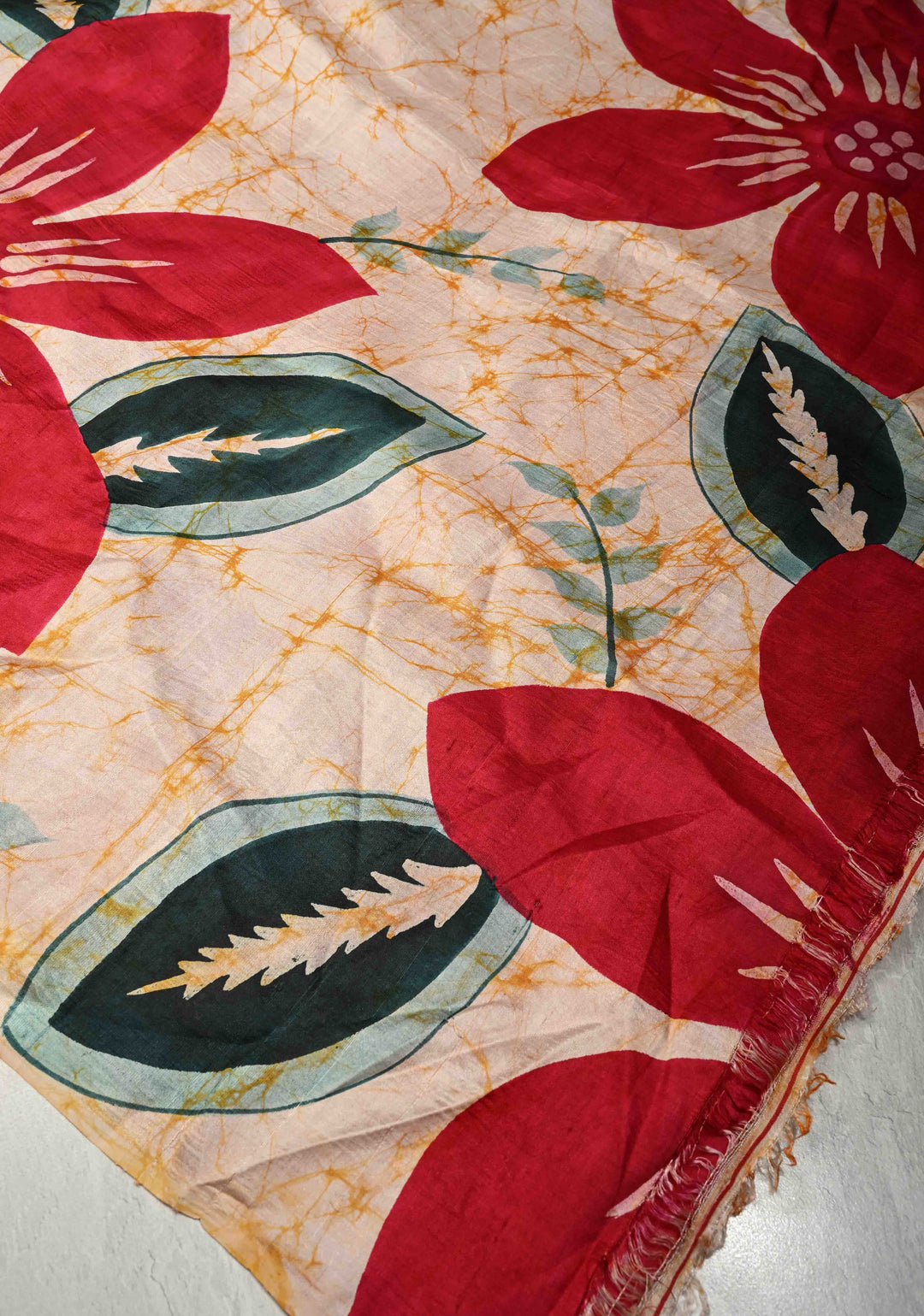 Beige-Red Borderless Pure Handloom Silk saree with Hand Painted Floral Design | SILK MARK CERTIFIED