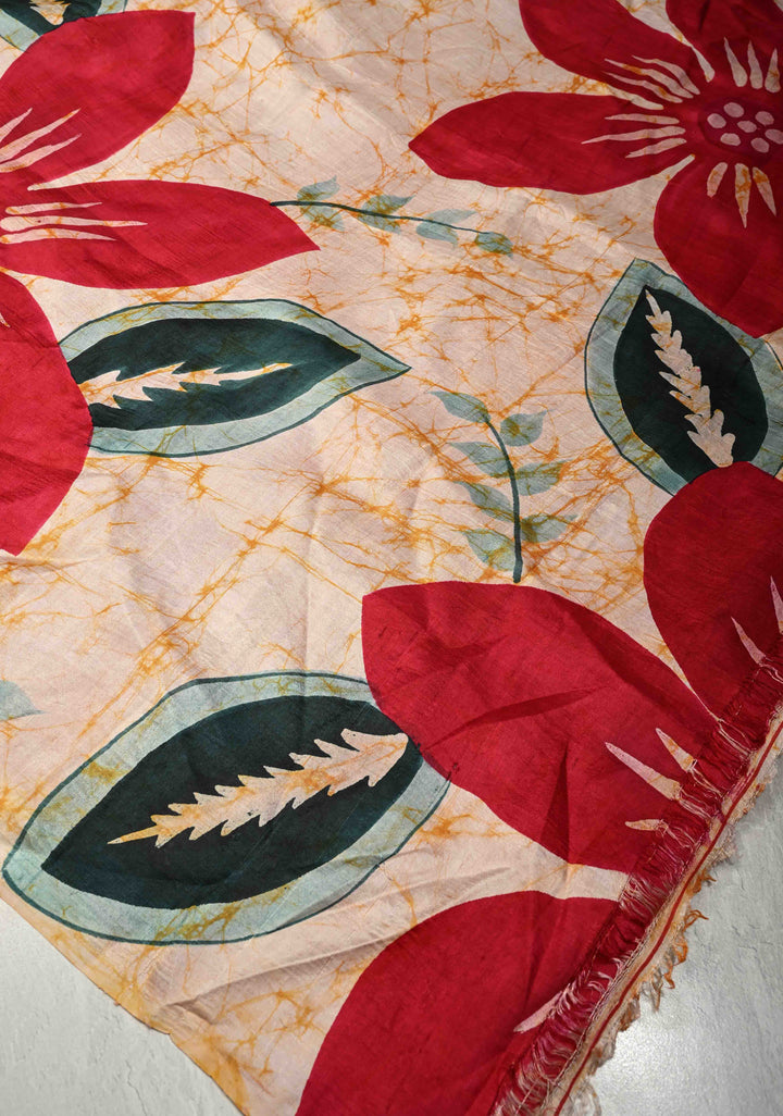 Beige-Red Borderless Pure Handloom Silk saree with Hand Painted Floral Design | SILK MARK CERTIFIED