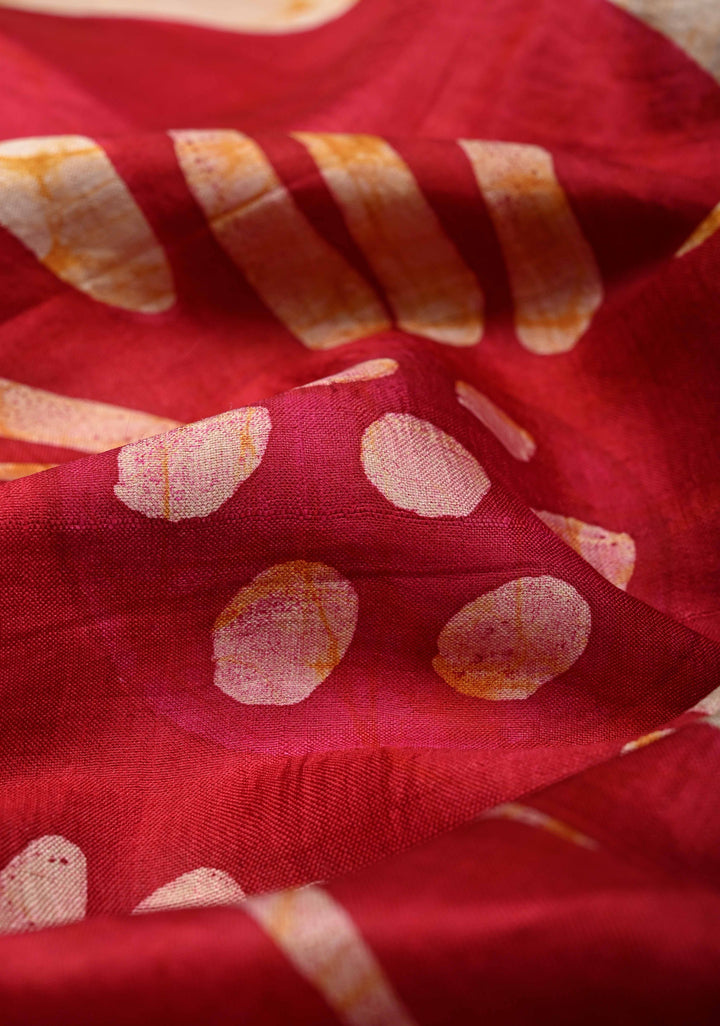 Beige-Red Borderless Pure Handloom Silk saree with Hand Painted Floral Design | SILK MARK CERTIFIED