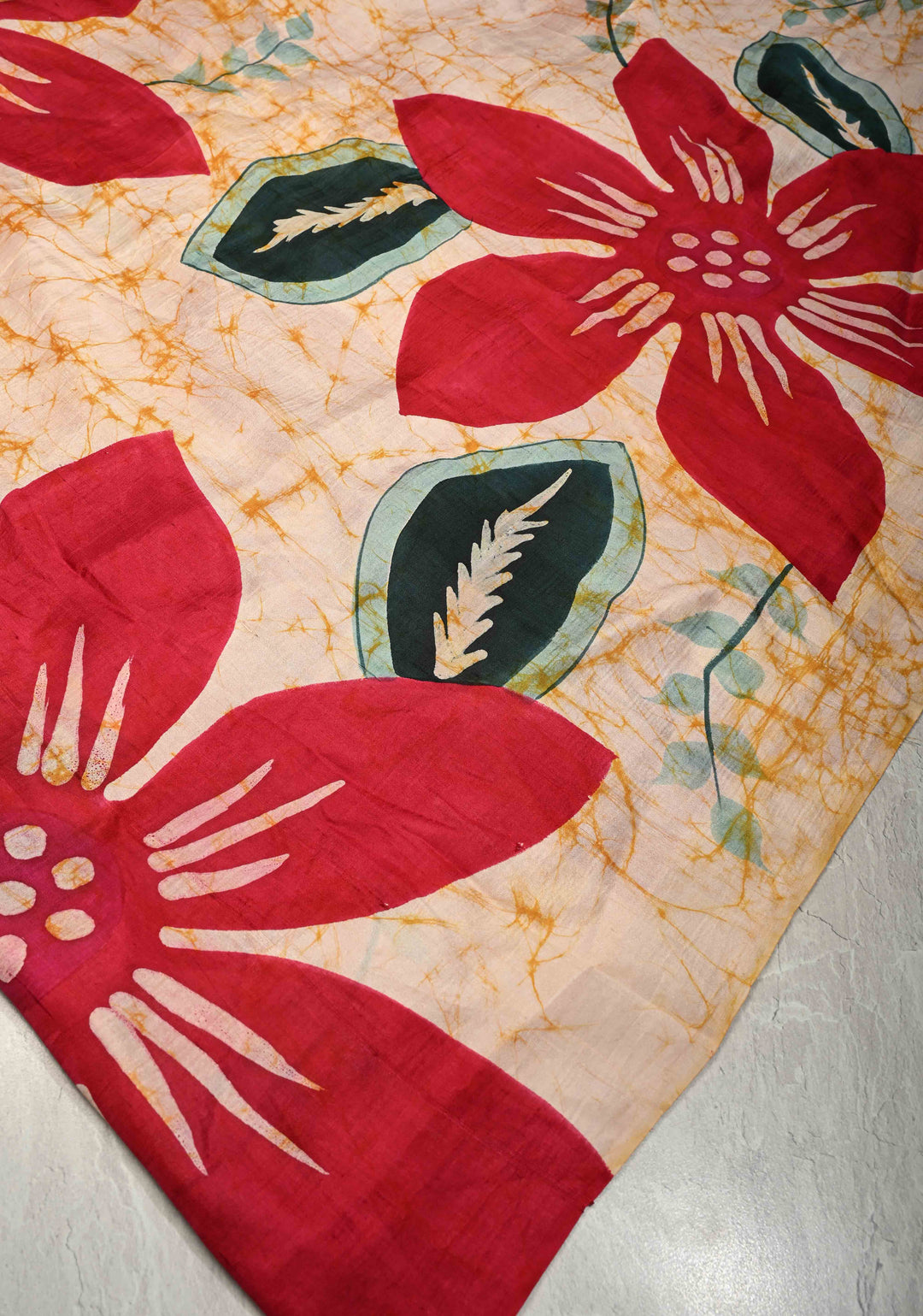 Beige-Red Borderless Pure Handloom Silk saree with Hand Painted Floral Design | SILK MARK CERTIFIED