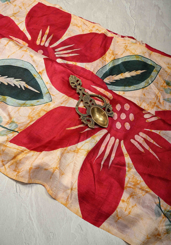 Beige-Red Borderless Pure Handloom Silk saree with Hand Painted Floral Design | SILK MARK CERTIFIED
