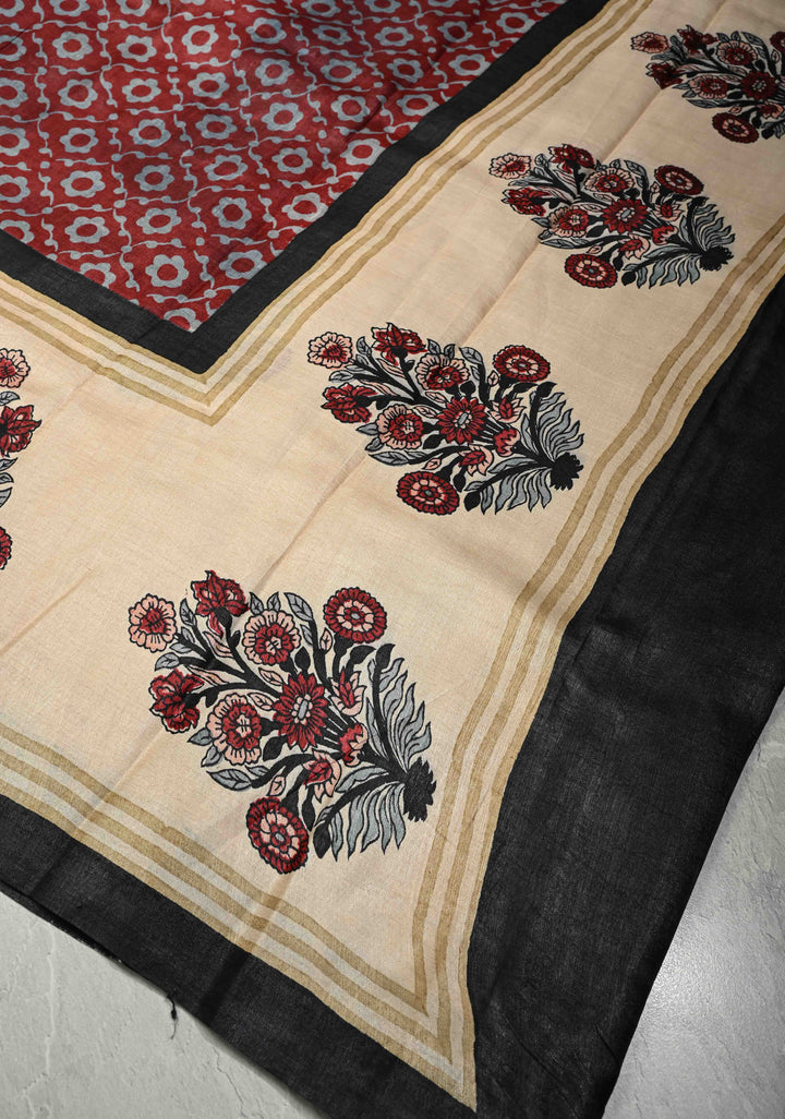 Coco Brown Pure Tussar Silk Saree with Floral Handblock Print  | SILK MARK CERTIFIED