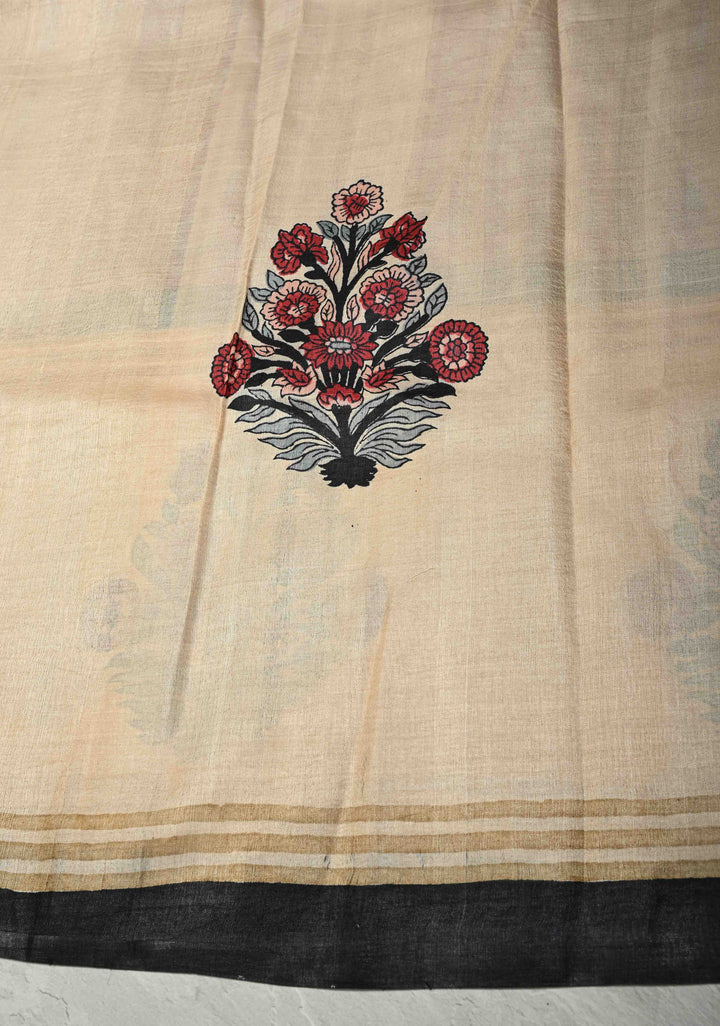 Coco Brown Pure Tussar Silk Saree with Floral Handblock Print  | SILK MARK CERTIFIED