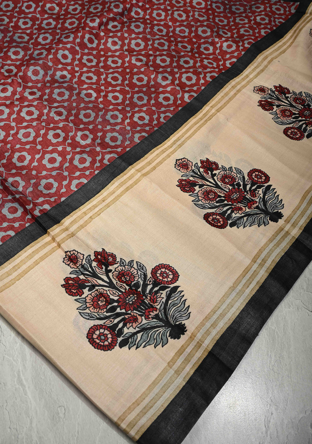 Coco Brown Pure Tussar Silk Saree with Floral Handblock Print  | SILK MARK CERTIFIED