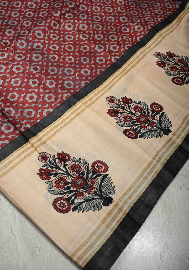 Coco Brown Pure Tussar Silk Saree with Floral Handblock Print  | SILK MARK CERTIFIED