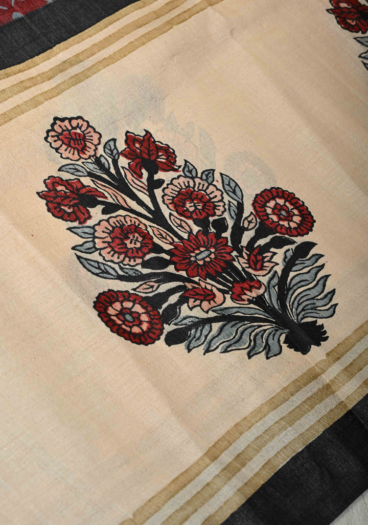 Coco Brown Pure Tussar Silk Saree with Floral Handblock Print  | SILK MARK CERTIFIED