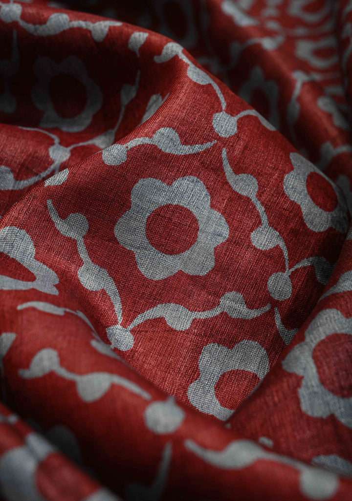 Coco Brown Pure Tussar Silk Saree with Floral Handblock Print  | SILK MARK CERTIFIED