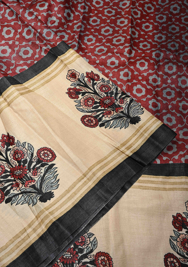 Coco Brown Pure Tussar Silk Saree with Floral Handblock Print  | SILK MARK CERTIFIED