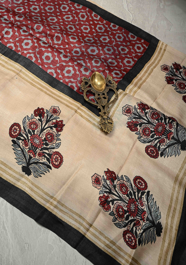 Coco Brown Pure Tussar Silk Saree with Floral Handblock Print  | SILK MARK CERTIFIED