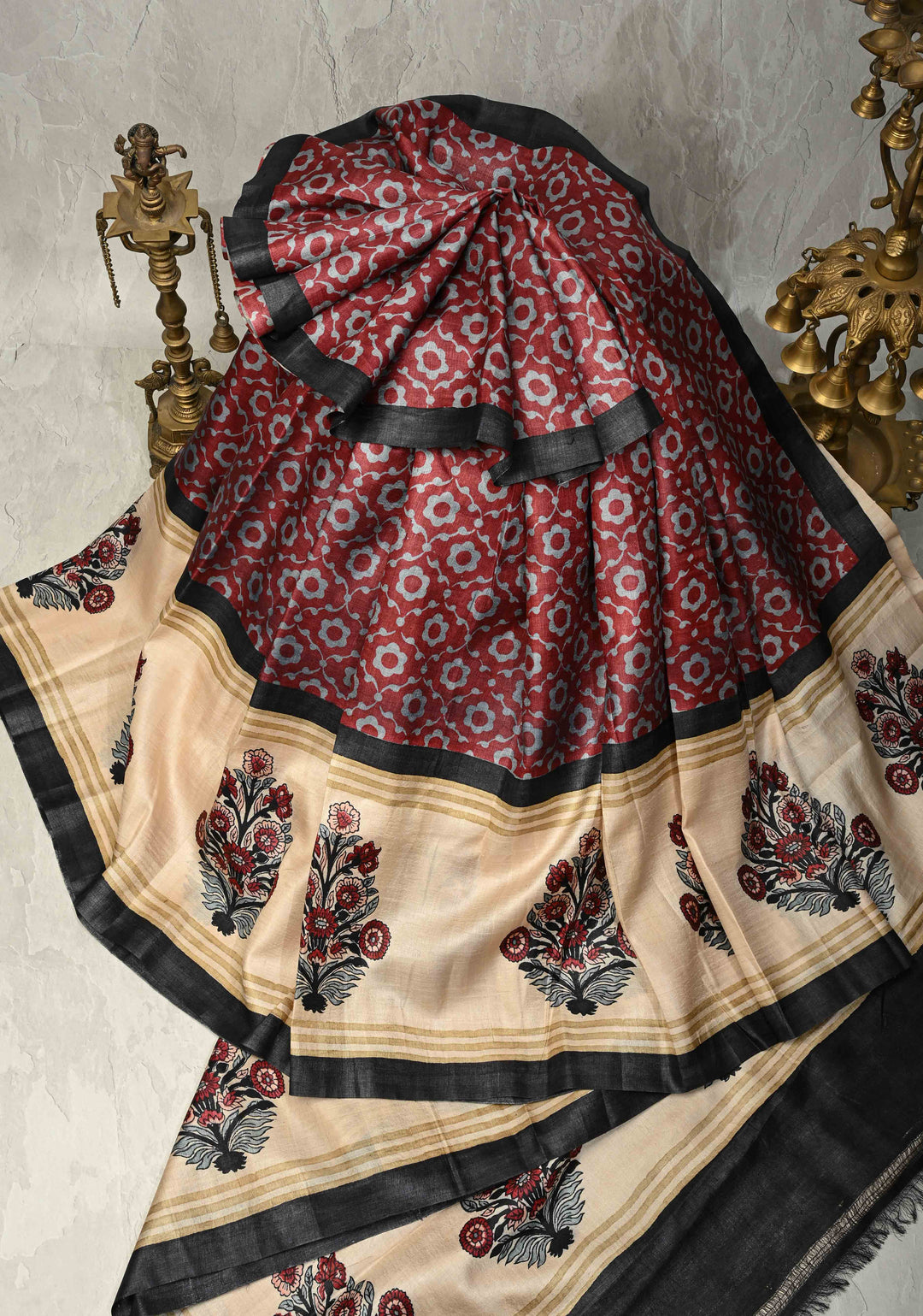 Coco Brown Pure Tussar Silk Saree with Floral Handblock Print  | SILK MARK CERTIFIED