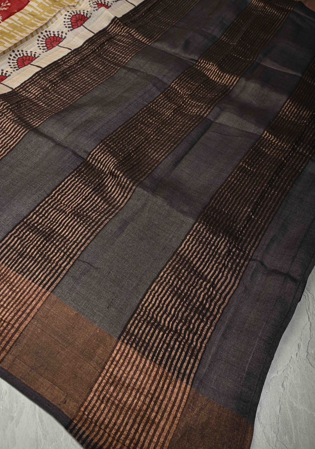 Blue Pure Handloom Jari Tussar Silk Saree with Block Print and Panel Design on Contrast Zari Border | SILK MARK CERTIFIED (Copy)