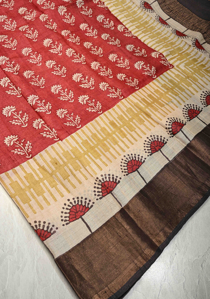 Blue Pure Handloom Jari Tussar Silk Saree with Block Print and Panel Design on Contrast Zari Border | SILK MARK CERTIFIED (Copy)