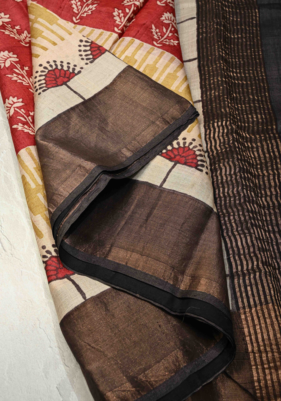 Blue Pure Handloom Jari Tussar Silk Saree with Block Print and Panel Design on Contrast Zari Border | SILK MARK CERTIFIED (Copy)