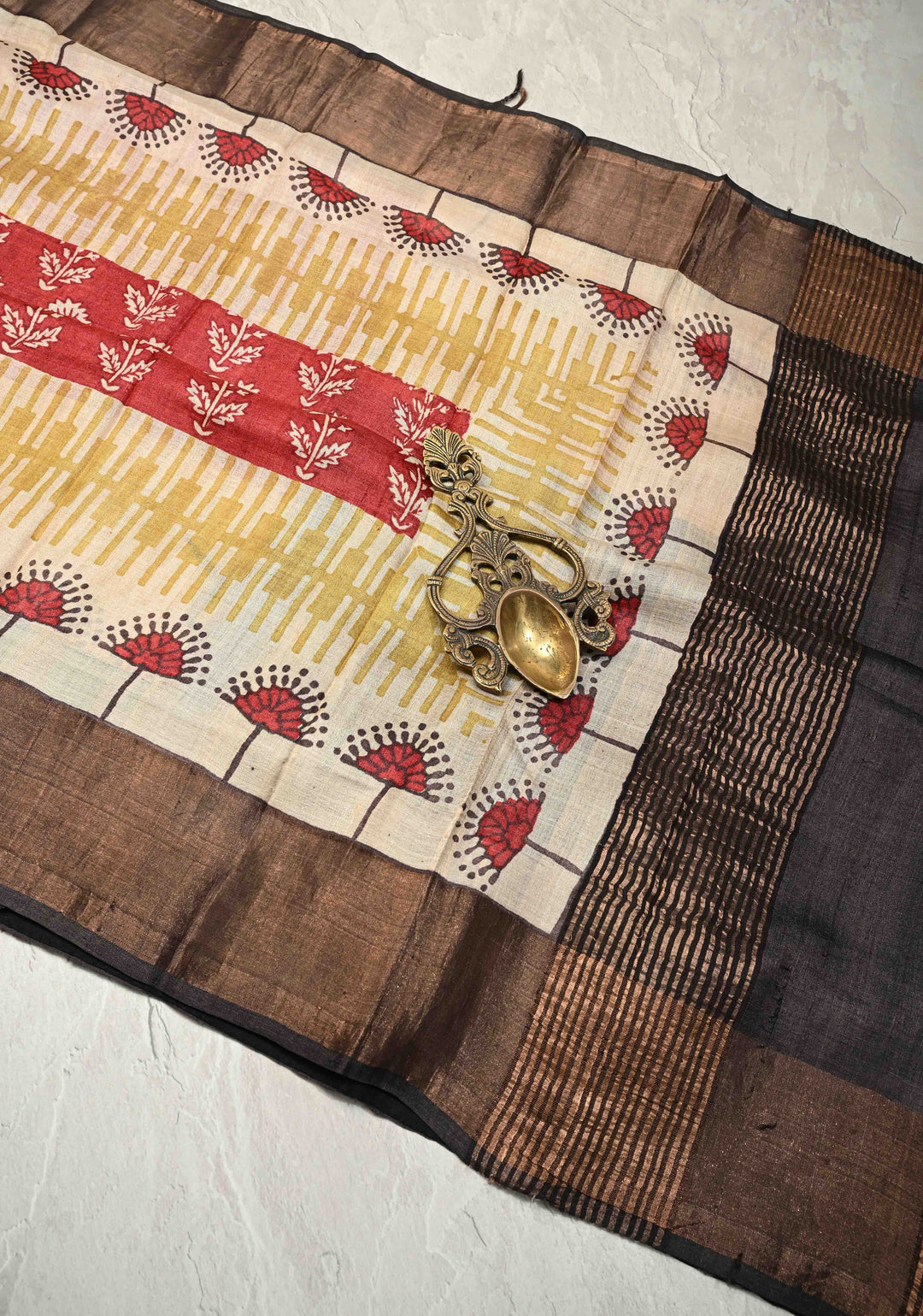 Blue Pure Handloom Jari Tussar Silk Saree with Block Print and Panel Design on Contrast Zari Border | SILK MARK CERTIFIED (Copy)