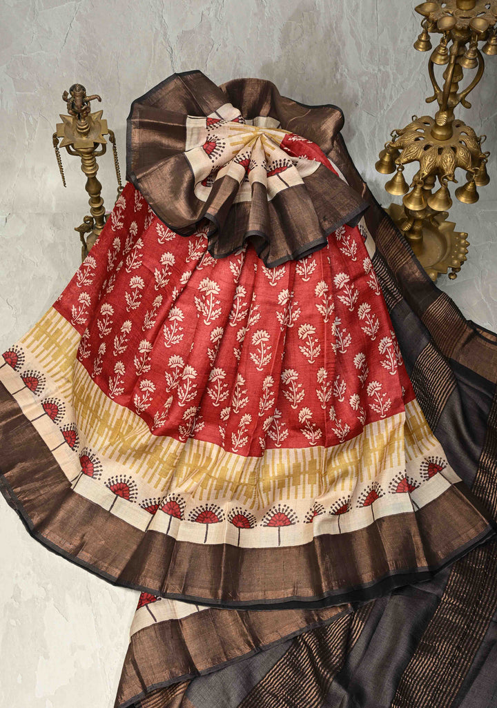 Blue Pure Handloom Jari Tussar Silk Saree with Block Print and Panel Design on Contrast Zari Border | SILK MARK CERTIFIED (Copy)