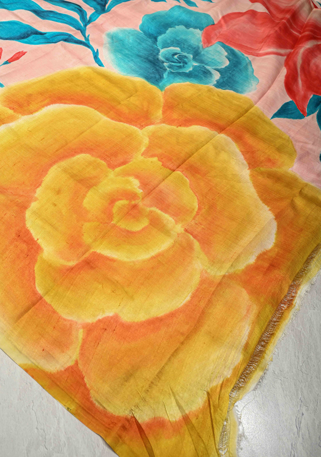 Blush Pink Pure Handloom Silk Saree with Floral Hand Painted and Red Blouse Piece | SILK MARK CERTIFIED | SHOBITAM