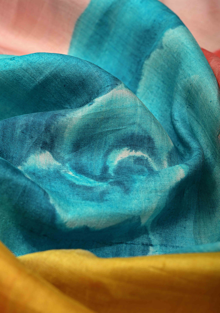 Blush Pink Pure Handloom Silk Saree with Floral Hand Painted and Red Blouse Piece | SILK MARK CERTIFIED | SHOBITAM