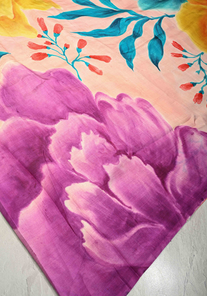 Blush Pink Pure Handloom Silk Saree with Floral Hand Painted and Red Blouse Piece | SILK MARK CERTIFIED | SHOBITAM
