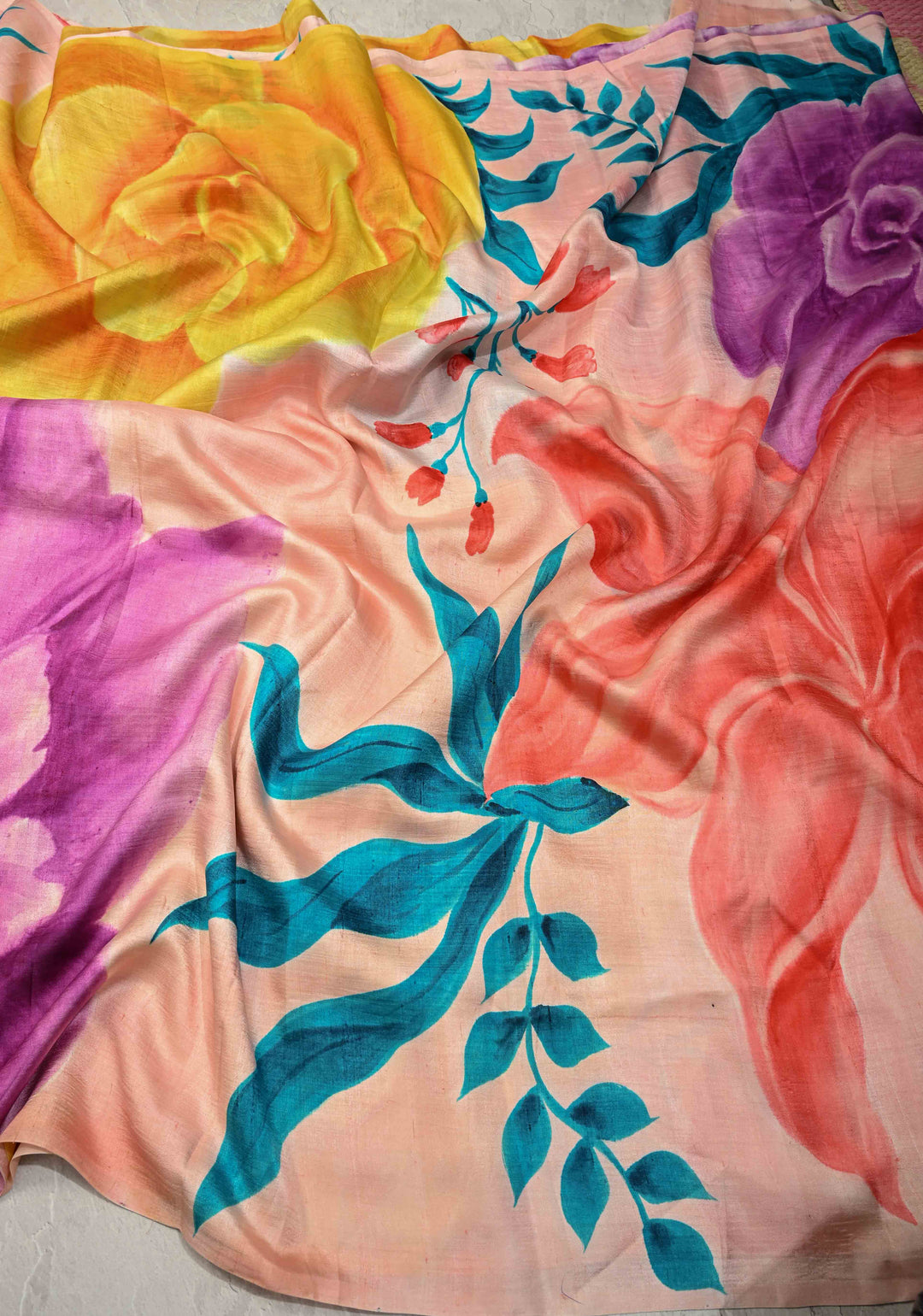 Blush Pink Pure Handloom Silk Saree with Floral Hand Painted and Red Blouse Piece | SILK MARK CERTIFIED | SHOBITAM