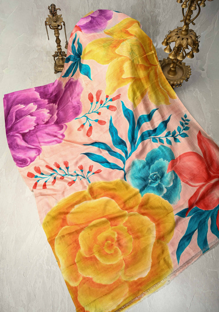 Blush Pink Pure Handloom Silk Saree with Floral Hand Painted and Red Blouse Piece | SILK MARK CERTIFIED | SHOBITAM