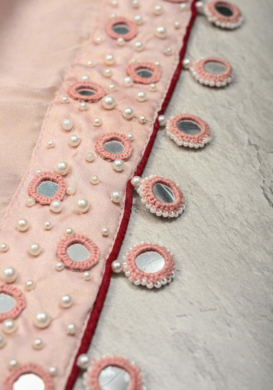 Dusty Blush Pink Blooms Rose Hand Painted on Modal Silk Saree with Pearls-Mirror Borders and Tassels