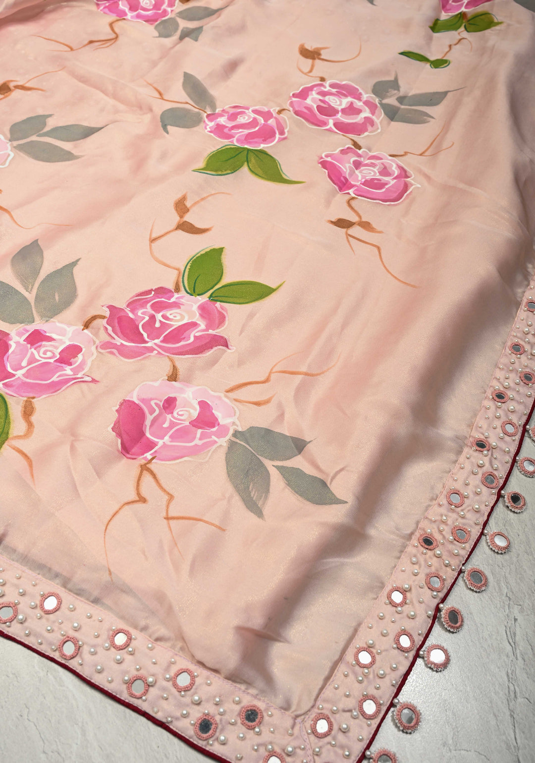 Dusty Blush Pink Blooms Rose Hand Painted on Modal Silk Saree with Pearls-Mirror Borders and Tassels