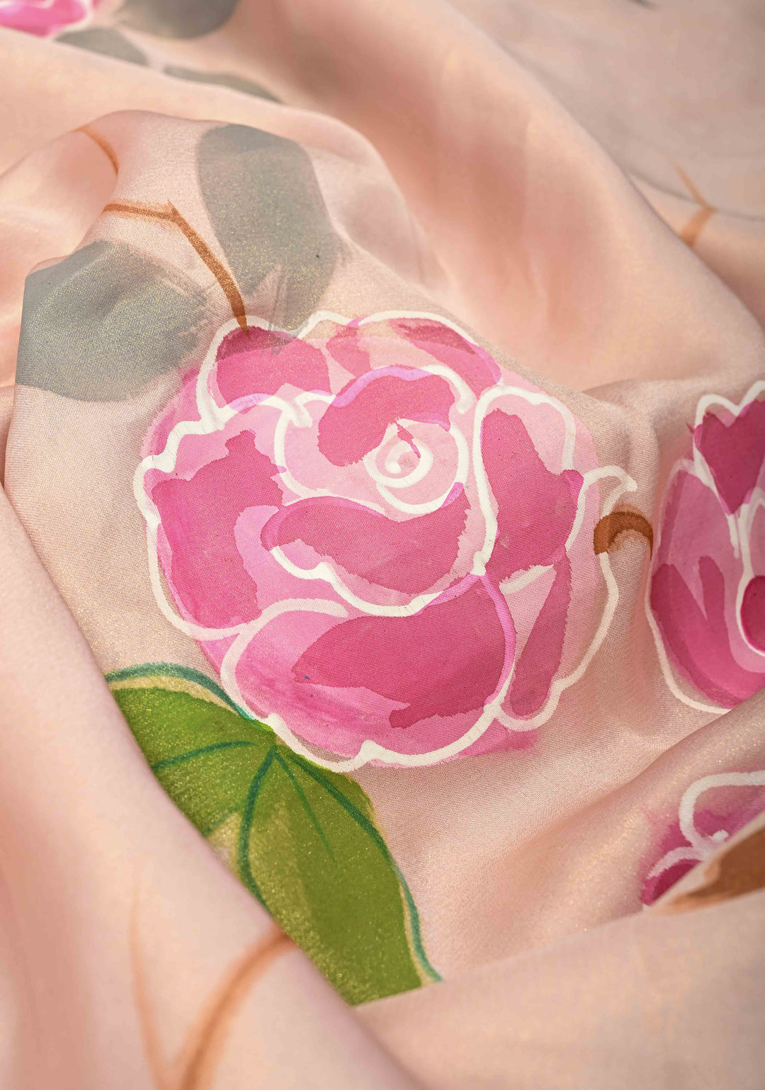 Dusty Blush Pink Blooms Rose Hand Painted on Modal Silk Saree with Pearls-Mirror Borders and Tassels