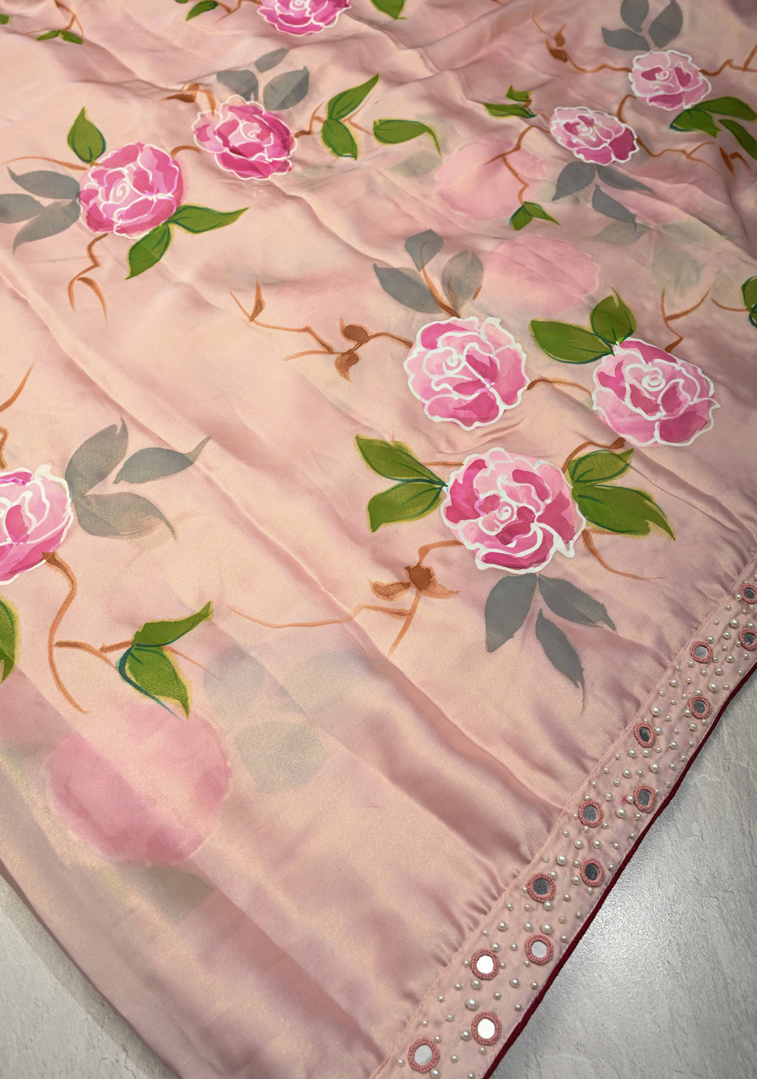 Dusty Blush Pink Blooms Rose Hand Painted on Modal Silk Saree with Pearls-Mirror Borders and Tassels