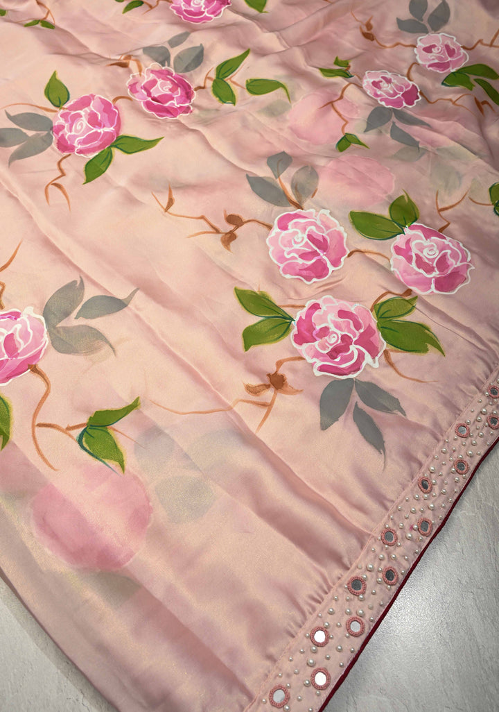 Dusty Blush Pink Blooms Rose Hand Painted on Modal Silk Saree with Pearls-Mirror Borders and Tassels