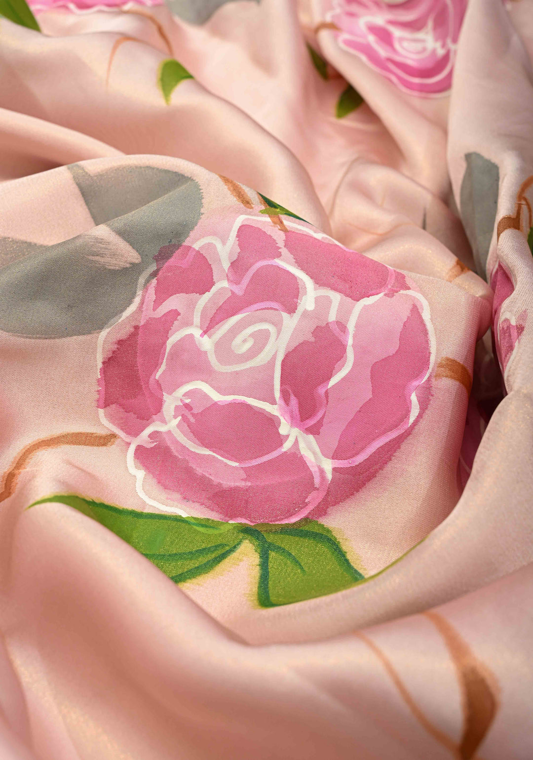 Dusty Blush Pink Blooms Rose Hand Painted on Modal Silk Saree with Pearls-Mirror Borders and Tassels