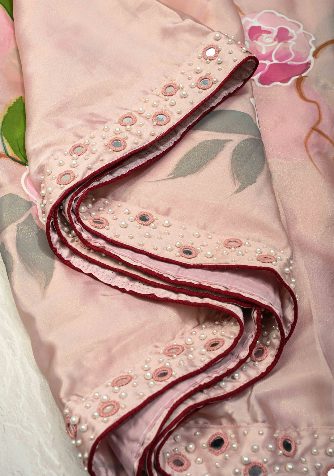 Dusty Blush Pink Blooms Rose Hand Painted on Modal Silk Saree with Pearls-Mirror Borders and Tassels