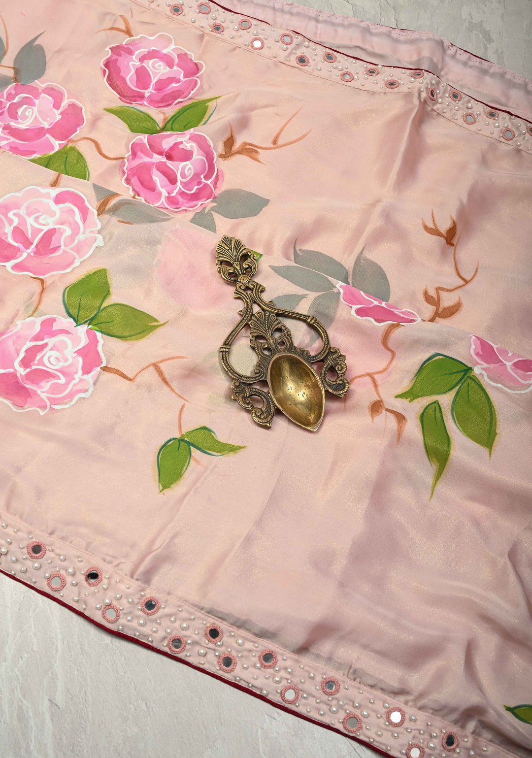 Dusty Blush Pink Blooms Rose Hand Painted on Modal Silk Saree with Pearls-Mirror Borders and Tassels