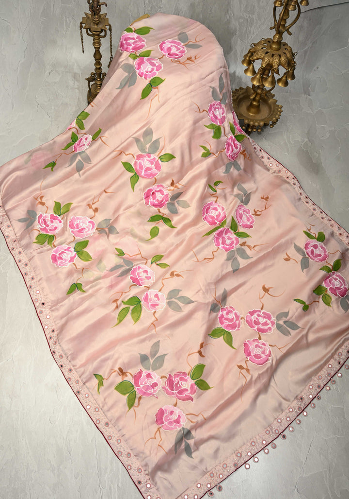 Dusty Blush Pink Blooms Rose Hand Painted on Modal Silk Saree with Pearls-Mirror Borders and Tassels