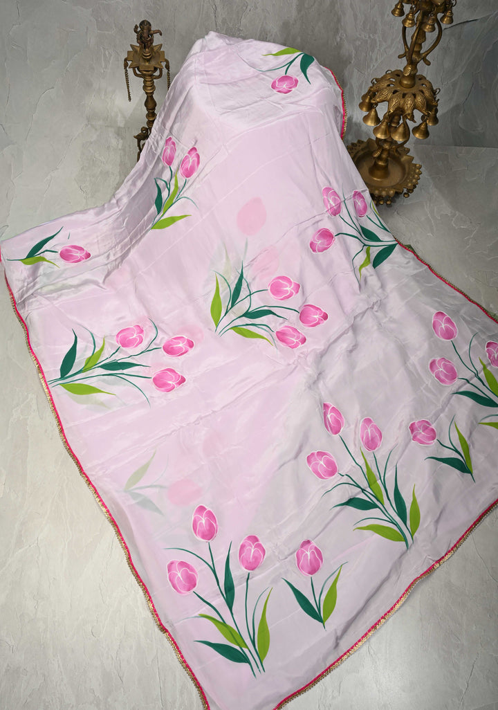 Light Lilac Modal Silk Saree with Floral Hand Painted and Gotta Lace Border