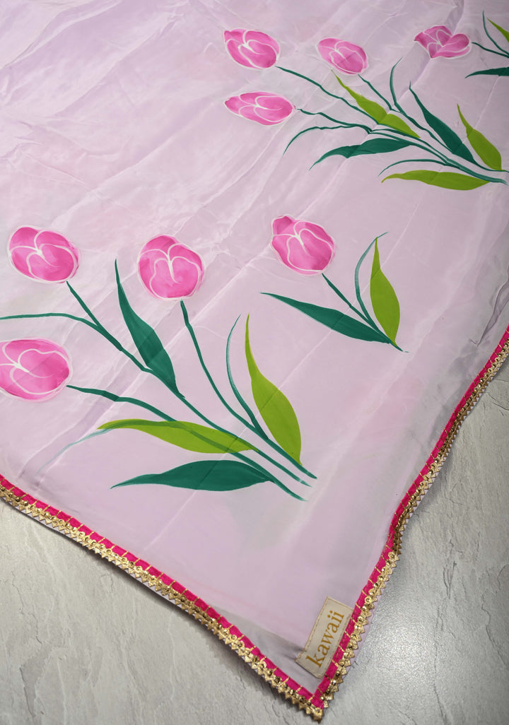 Light Lilac Modal Silk Saree with Floral Hand Painted and Gotta Lace Border