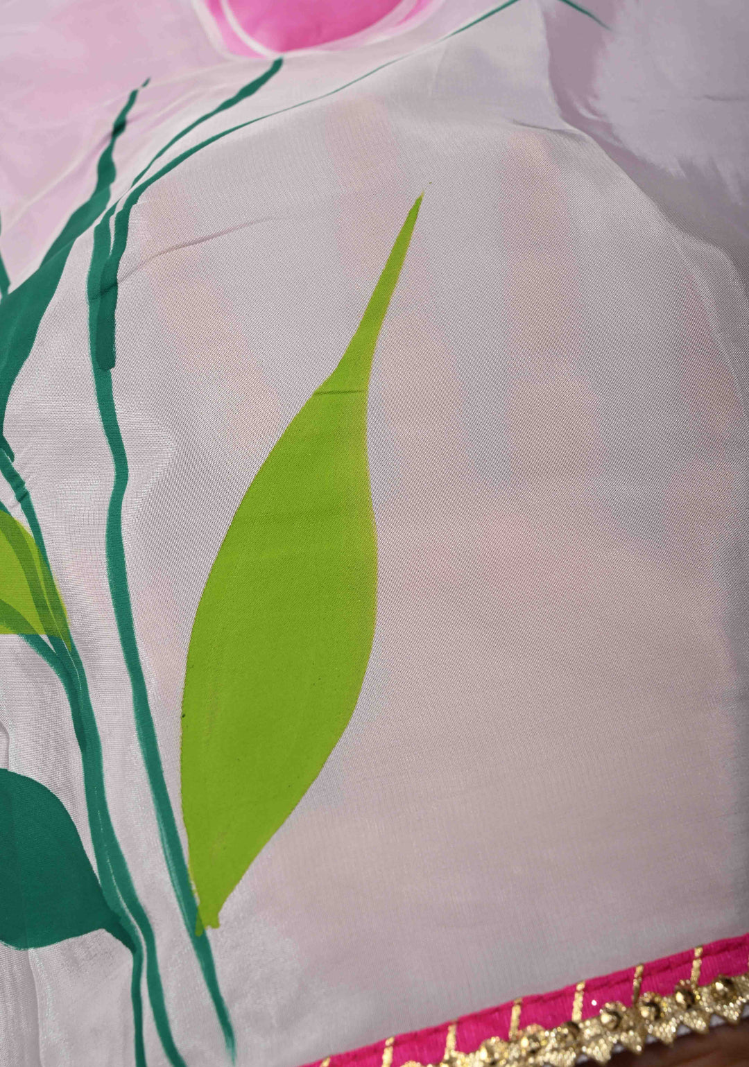 Light Lilac Modal Silk Saree with Floral Hand Painted and Gotta Lace Border