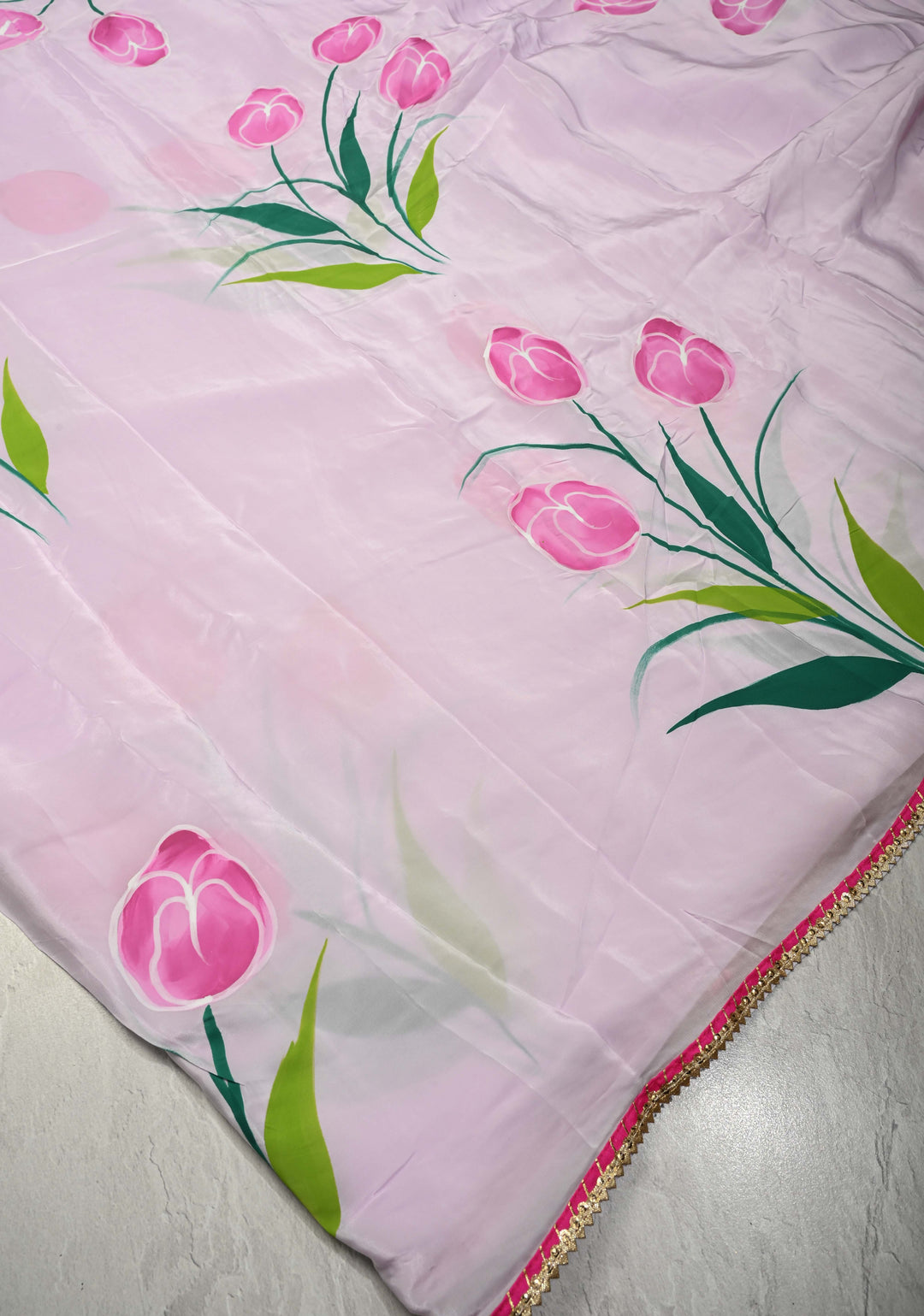 Light Lilac Modal Silk Saree with Floral Hand Painted and Gotta Lace Border